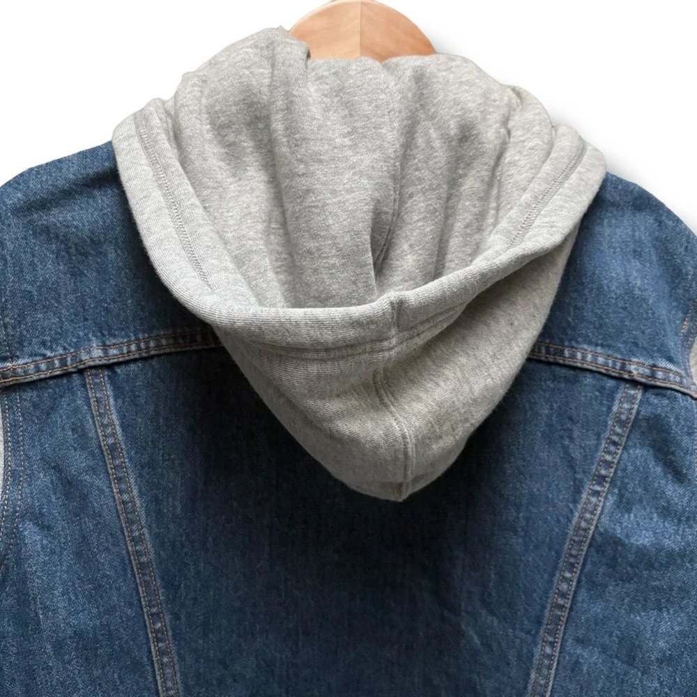 Levis Mens Hybrid Denim Trucker Jacket Grey Hooded Sweatshirt Blue Size M - Picture 7 of 11